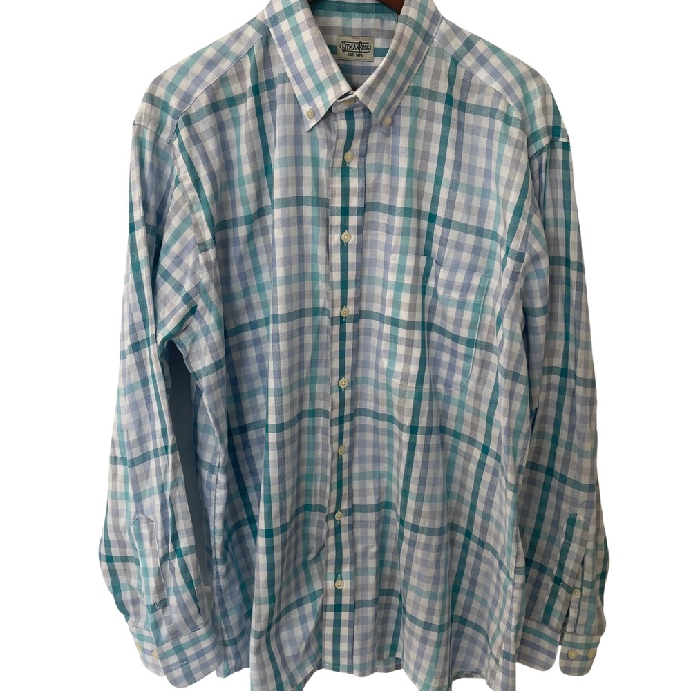 Gitman Bros Mens XL Plaid Button Down Shirt Made in‎ USA Teal Blue White Woven